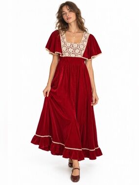 Montgomery Ward Vintage 70s Garnet Red Velvet Yoke Tie Front Prairie Dress